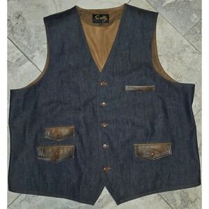 Scully Mens 4X Denim and Leather Western Vest Blue Brown Button Front Distressed